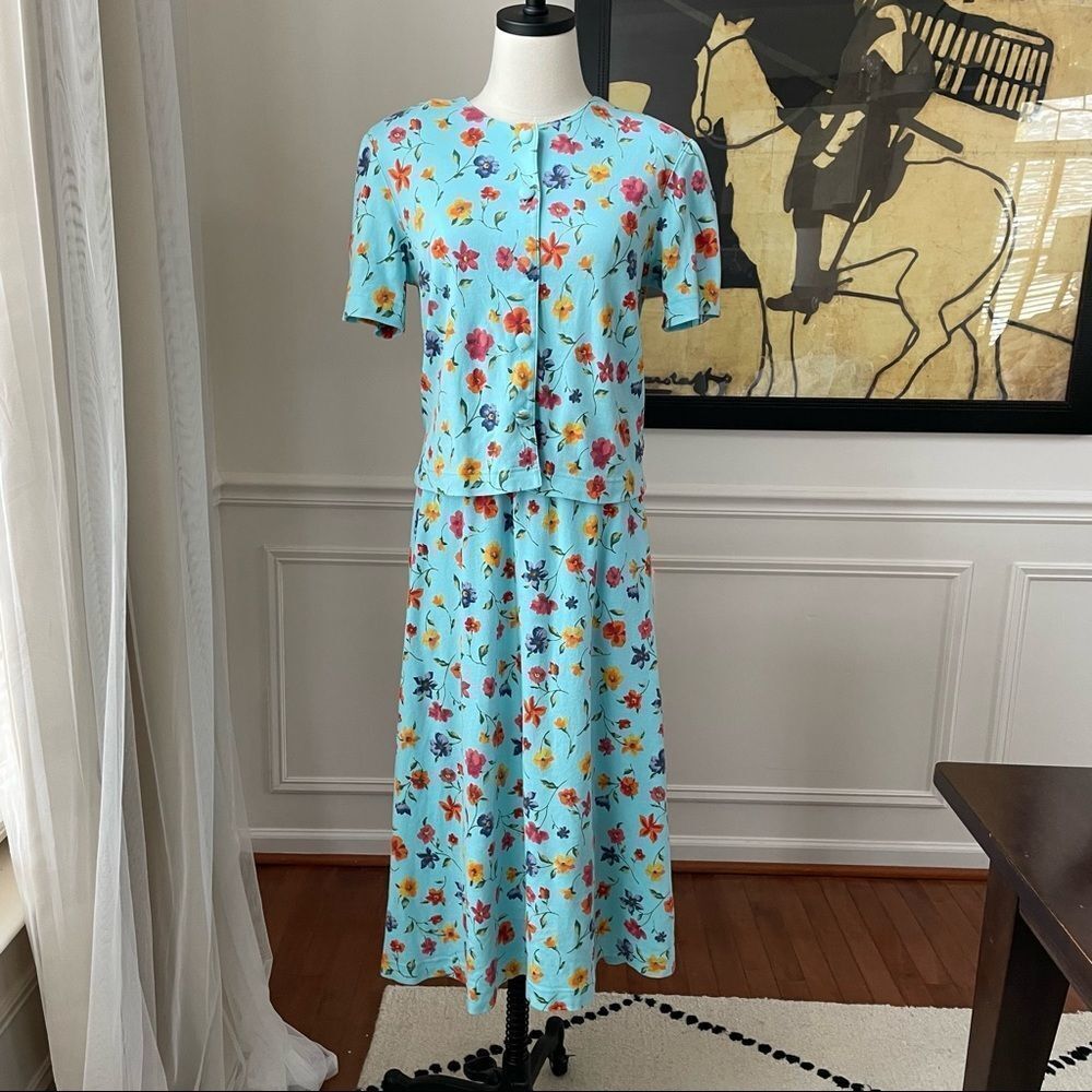 Vintage Talbots Petites 2pc Cotton Knit Floral Skirt Set M